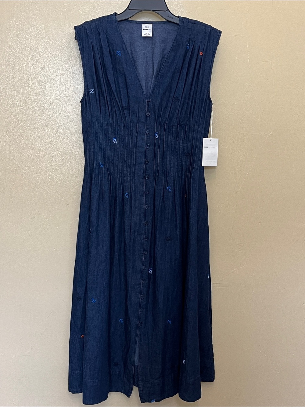 Free Assembly Navy Sleeveless Button-Front Midi Dress with Subtle Embroidery